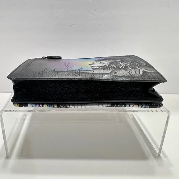 Anuschka Hand Painted Leather Lion Crossbody Wallet Clutch Artisan Black Multi - Picture 12 of 14